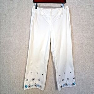 Ann Taylor Capri Pants Size 4 Boho Beach Cotton Wide Leg Flowers Embroidery